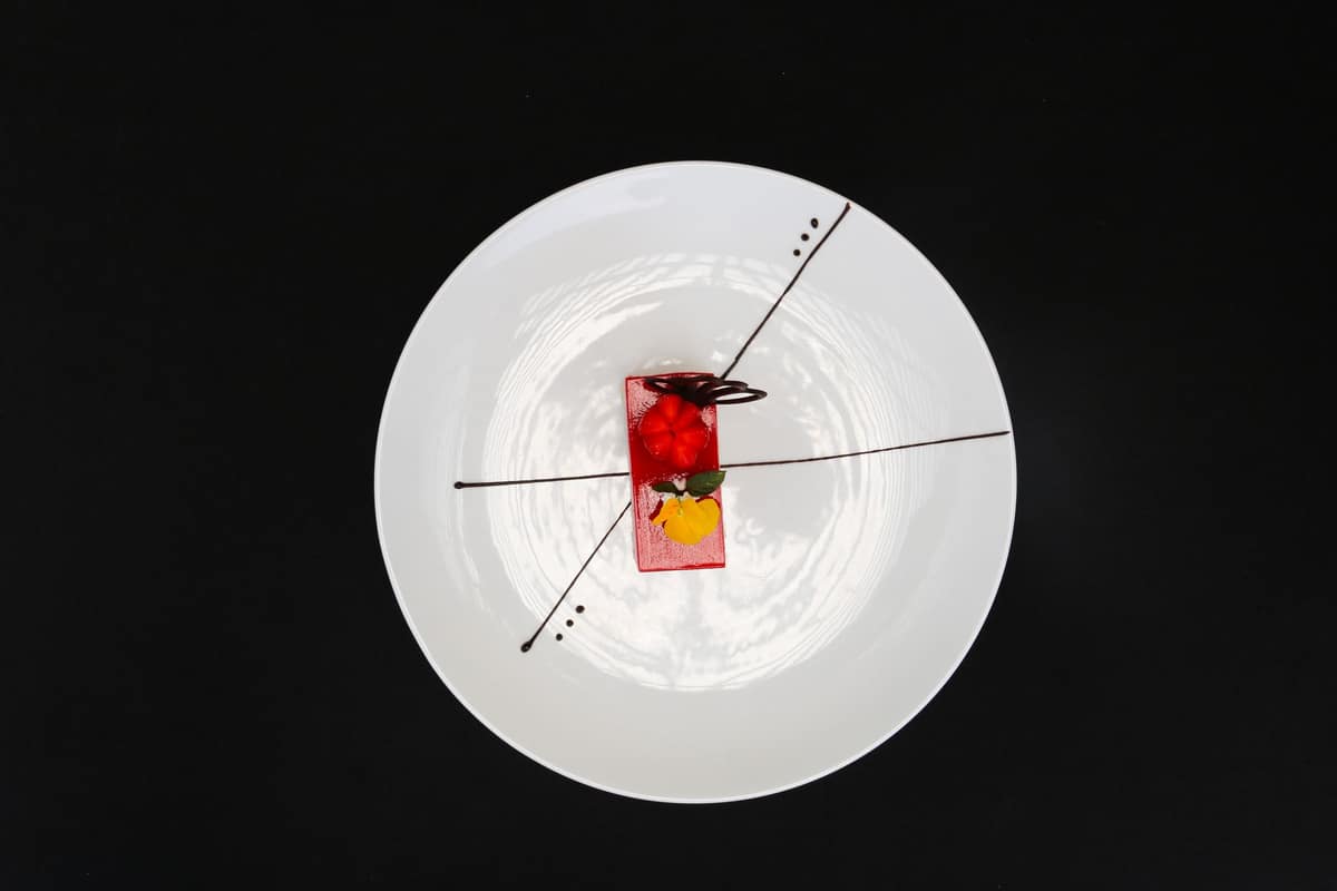 A modern plated dessert using gels and textures