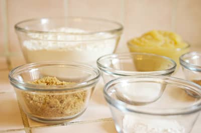 Ingredients measured out into bowls before baking begins