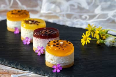 A row of glazed individual petit gateaux with garnishes