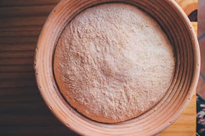 A round of dough fully proofed and ready to bake